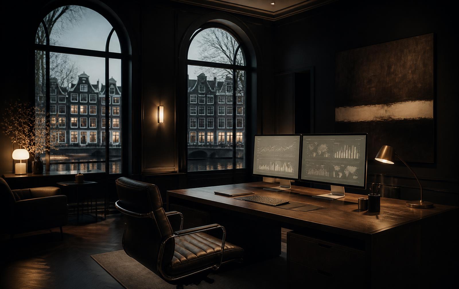 Quiet agency office at dusk with performance dashboards on screen